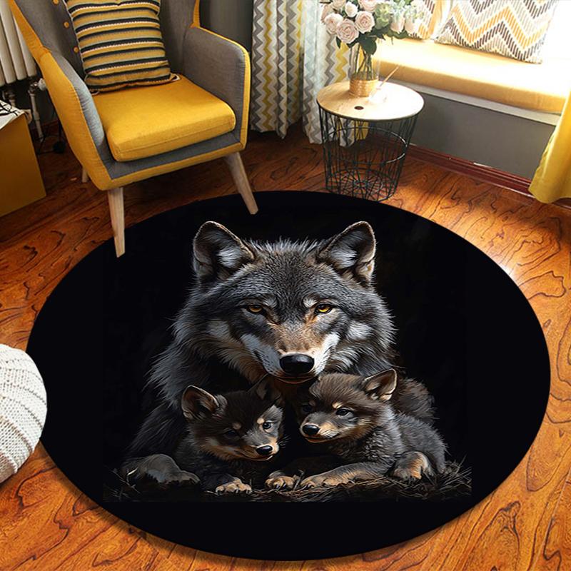 Bull Wolf Round Area Rug,Carpet Rug for Living Room Bedroom Sofa Playroom Decor,Non-slip Floor Mat