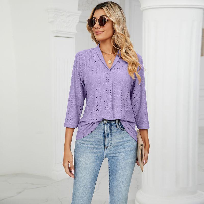 Loose Mid-Sleeve V-neck Top Fashion Jacquard Loose-Fitting Tops Middle Sleeve Pullover V Neck Tops