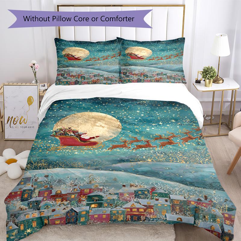 3pcs Christmas Santa Claus Bedding Set Duvet Cover Closure Includes 1 Duvet Cover & 2 Pillowcases, Soft and Comfortable for All Seasons.