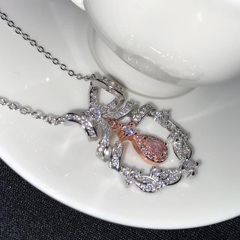 Versa Luxury Pink Zircon Bow Necklace - Women's Elegant Pendant for Christmas & Valentine's Gift