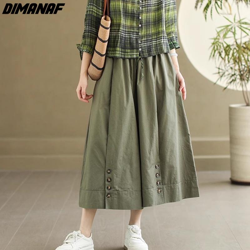 

DIMANAF 2024 Summer Plus Size Long Pants Women Elastic Waist Vintage Casual Loose Pants Solid Cotton Wide Leg Pants