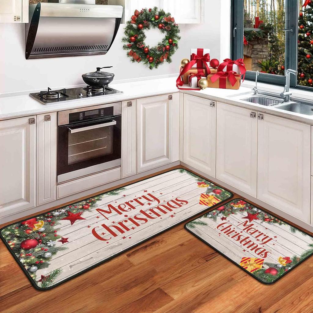 2pcs Christmas Kitchen Area Rug Durable Entrance Welcome Floor Mat for Balcony Corridor Long Rug for Home Decoration
