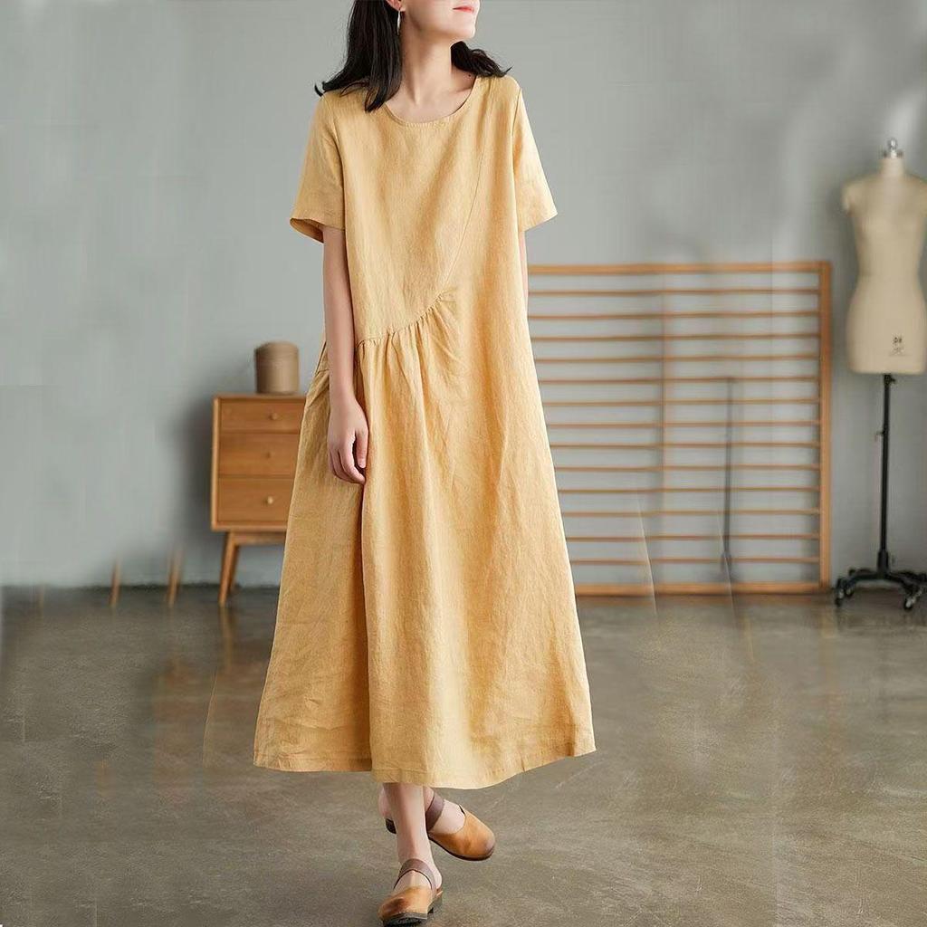 Japanese Women's Loose-Fit Cotton & Linen Irregular Hem Dress