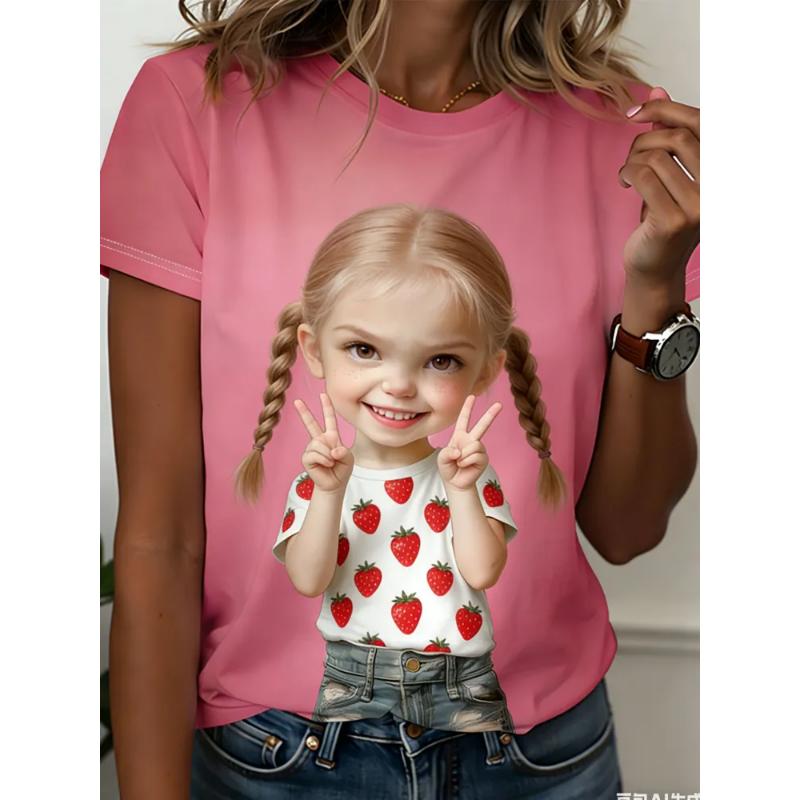 Moda Donna Girocollo Manica Corta Ritratto 3D Ritratto Stampato a Colori T-shirt a Manica Corta Girocollo