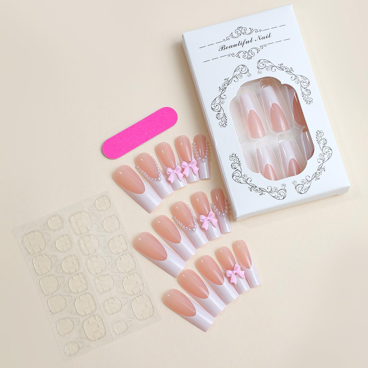 

European & American Pearl Bowknot Long Water Pipe Wearable False Nails - Light Luxury & Removable Nail Art Pieces