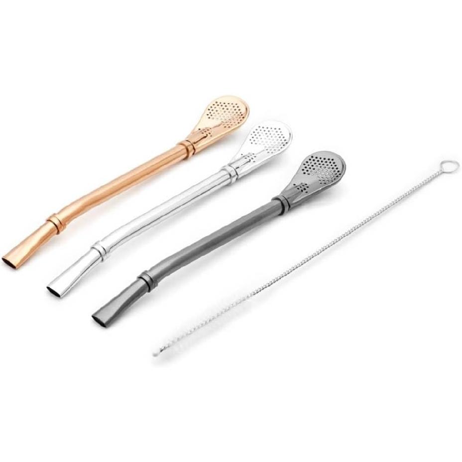 BALIBETOV [NEW] Yerba Mate Stainless Steel Straw - Set of Bombillas for Mate gourd drinking - 6   long (16 cm) (Silver Stainless Steel Set of 4 Flat Regular