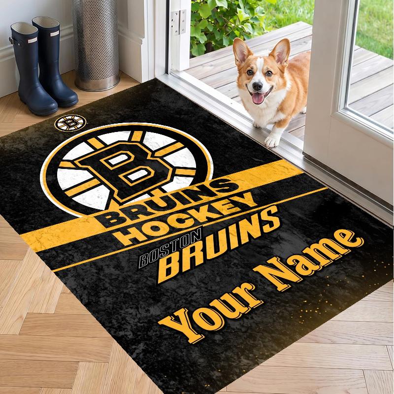 Custom Name Boston Bruins Crystal Velvet Floor Rug Personalized Text Soft Carpet Home Decor
