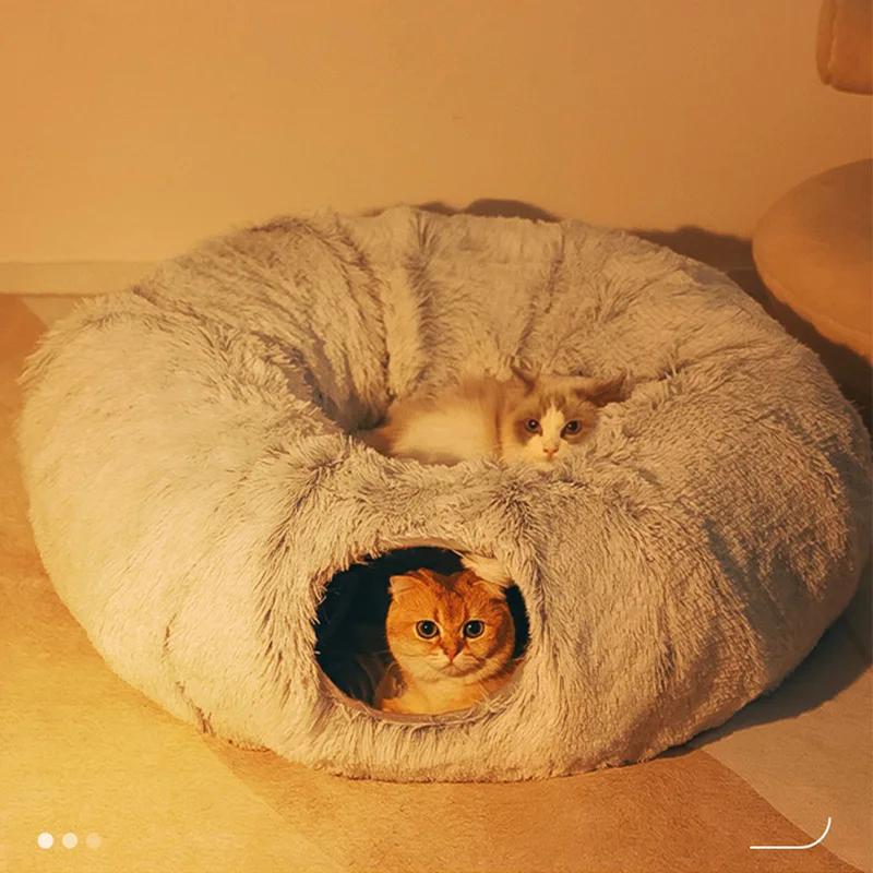 2 In 1 Round Cat Beds House Funny Cat Tunnel Toy Soft Long Plush Dog Bed for Small Dogs Basket Kittens Bed Mat Kennel Deep Sleep