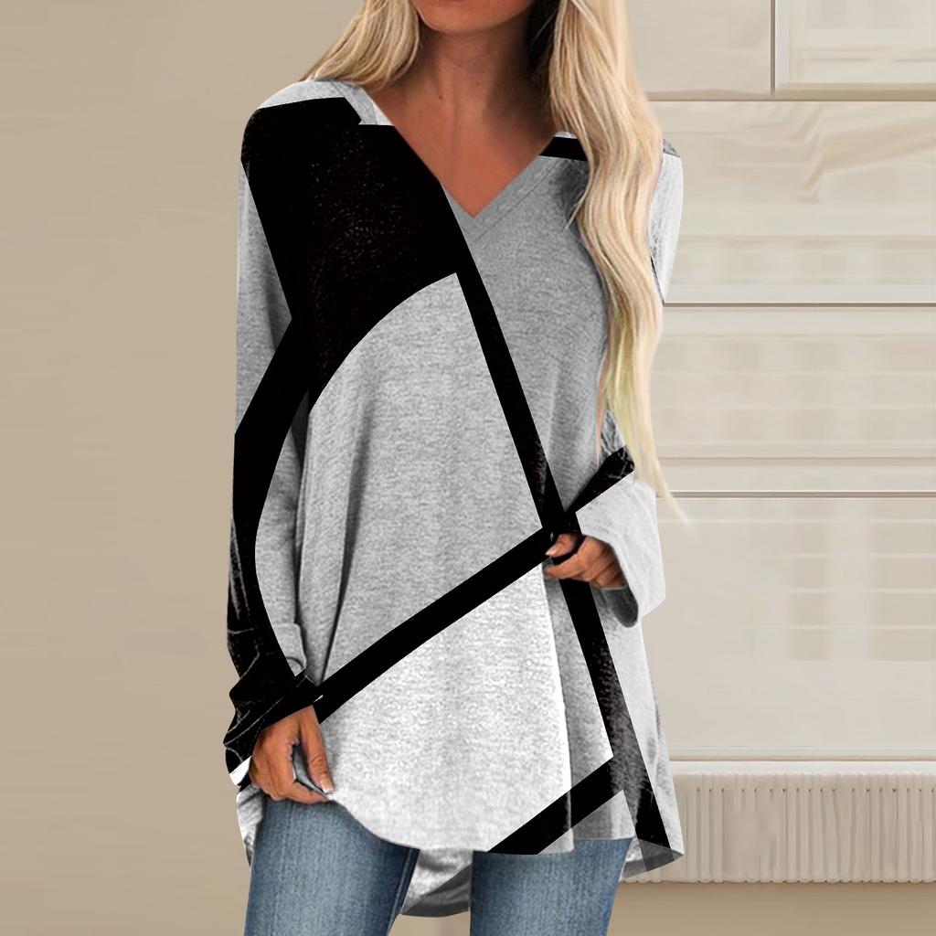 Women's Long Sleeved V-neck Color Casual Long Loose T-shirt Top