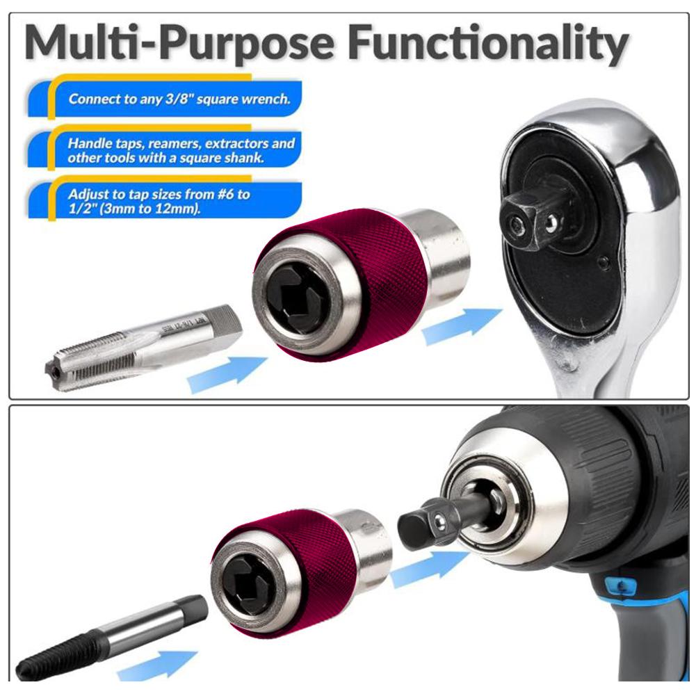 2-piece Adjustable Jaw Tap Socket Removal Tool With Bores From 3/86 To 1/4 Inch. Suitable For Taps, Reamers, And Screw Extractor