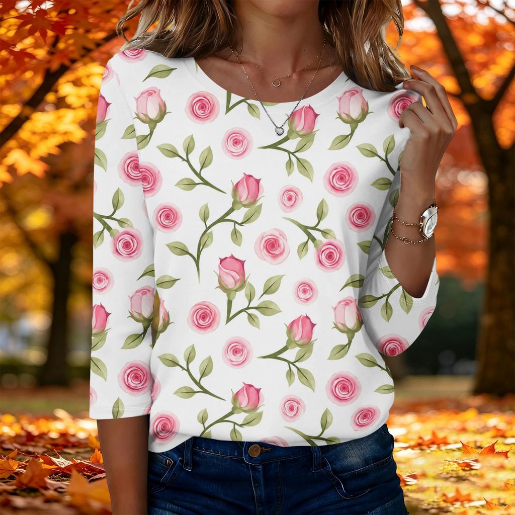 Women's Fashion Casual Three-Quarter Sleeve Floral Print Round Neck Top