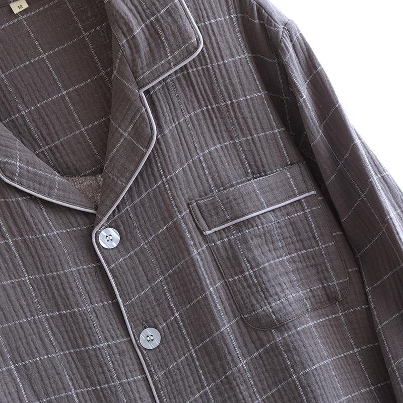 Pánské klasické kostkované pyžamo: Čistá bavlna, Dlouhý rukáv, Lehký krep, Klopa, Volný střih, na jaro a podzim