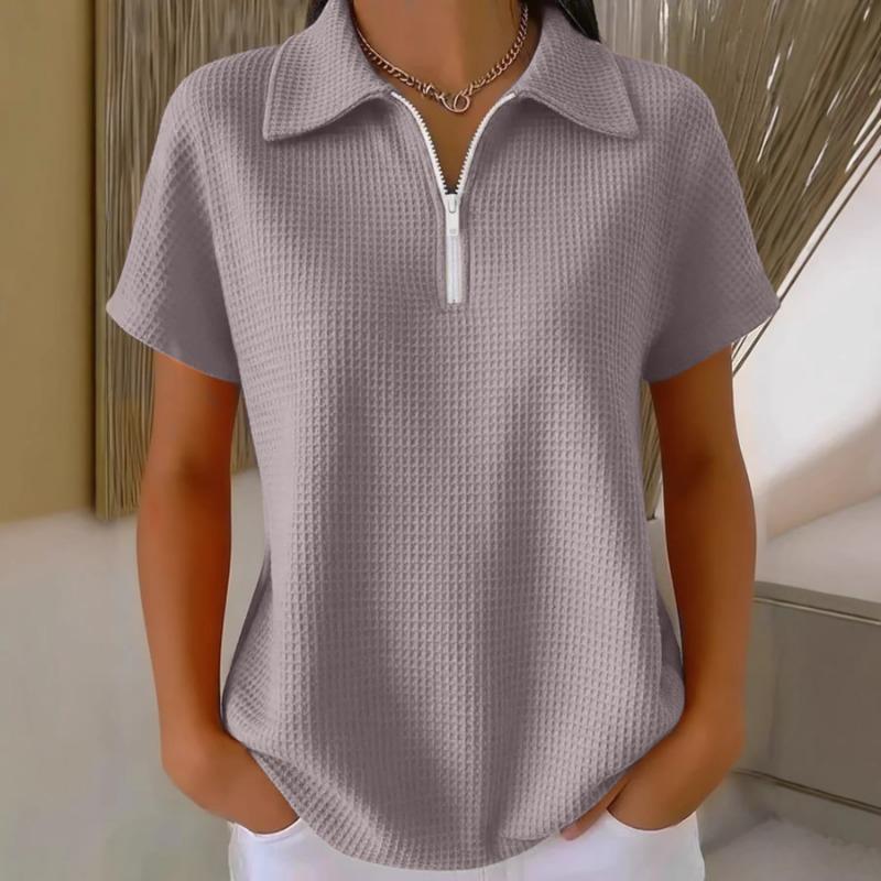 Damen Orange Waffelstrick Poloshirt Halber Reißverschluss Kurze Ärmel Lässige Bluse