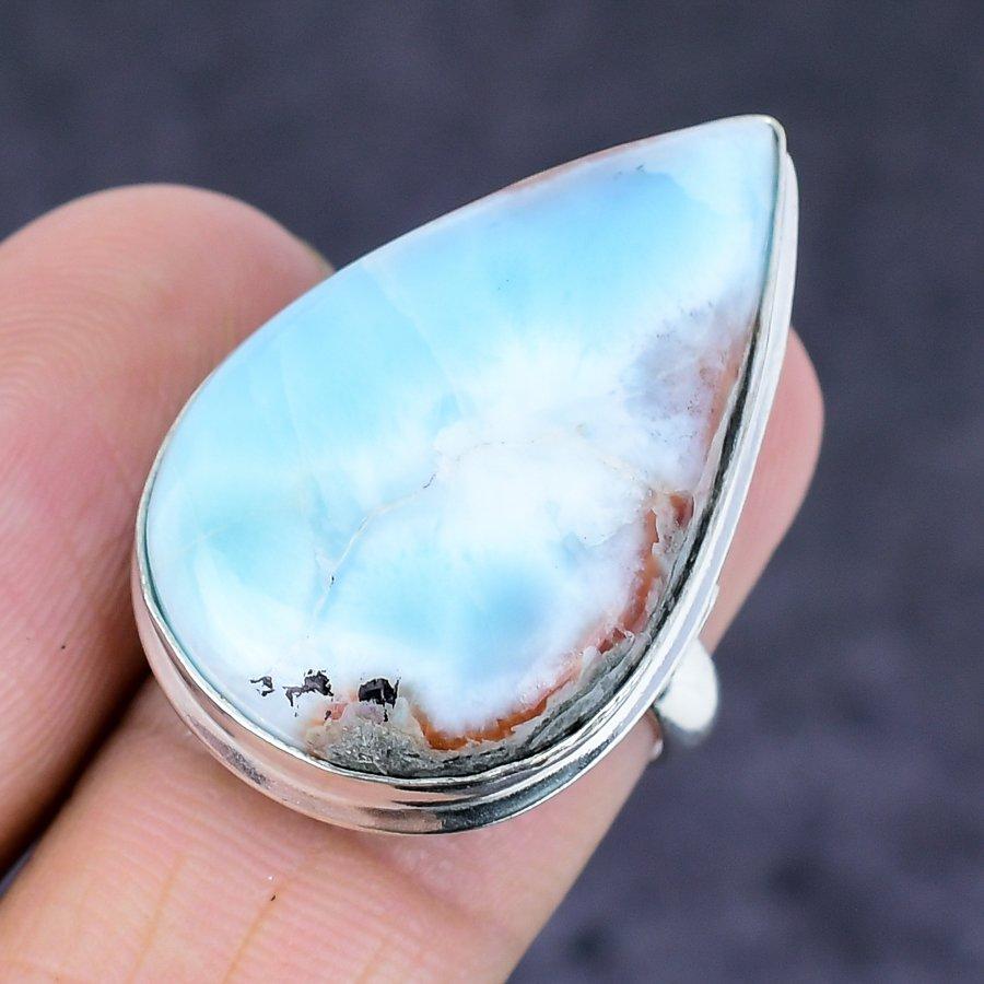 Larimar Gemstone Handmade 925 Sterling Silver Jewelry Ring Size 7 Y9V69