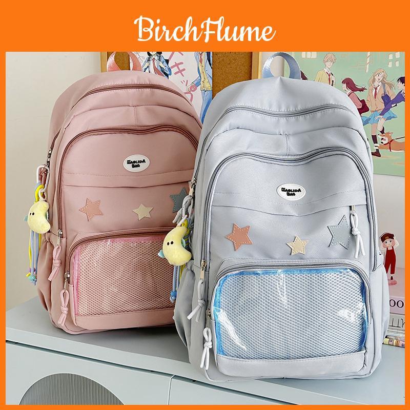 Pain Pack Double Shoulder School Backpack With Transparent Partition And Star Decor For Middle School Students