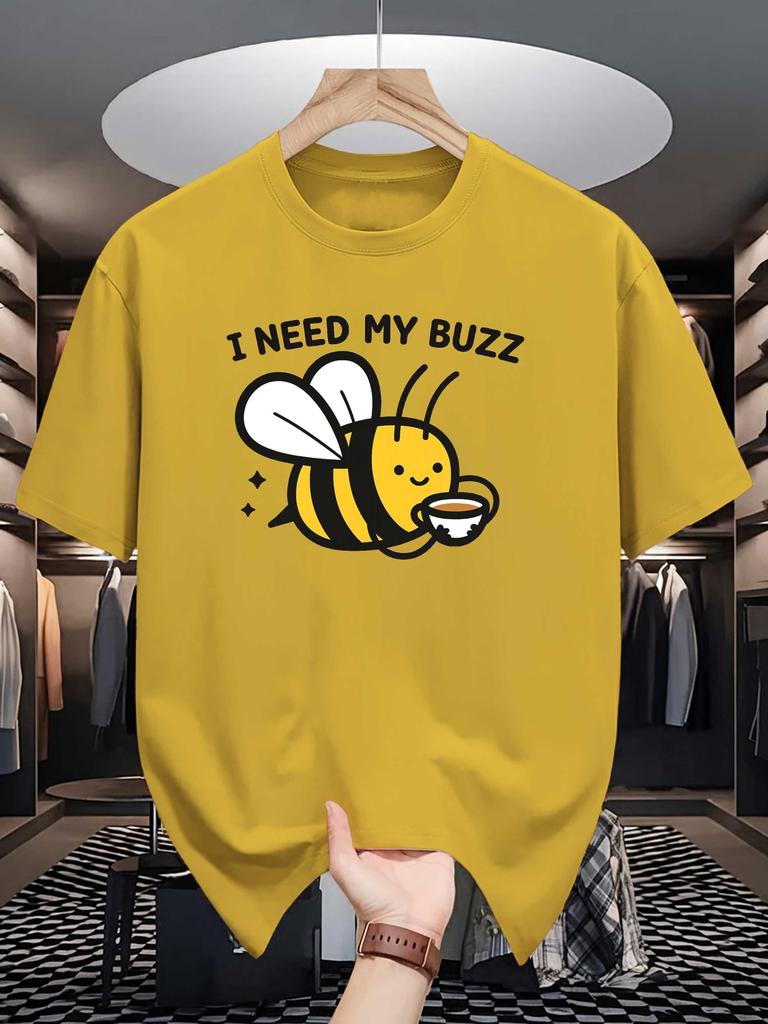 Unisex Crew Neck Tee Cute Bee Holding Coffee Letter Text Print Soft Cotton Loose Short Sleeve Summer Casual Male Streetwear Tops