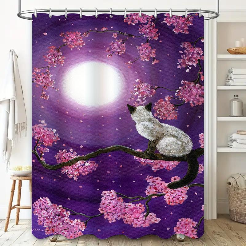 Purple Moonlight Cherry Blossom Cat Shower Curtain Pink Spring Floral Print Bathroom Decor Waterproof Fabric Bath Mat Cover Home