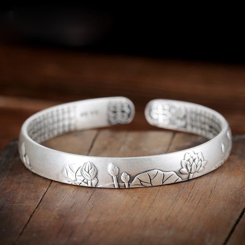 S999 Sterling Silver Lotus Heart Sutra Bracelet - Matte Silver Tassel, Openable Bangle for Women