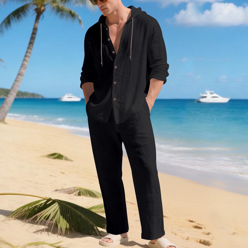 Men's Casual Linen Beach Set: Loose Fit Long Sleeve Hoodie & Pants