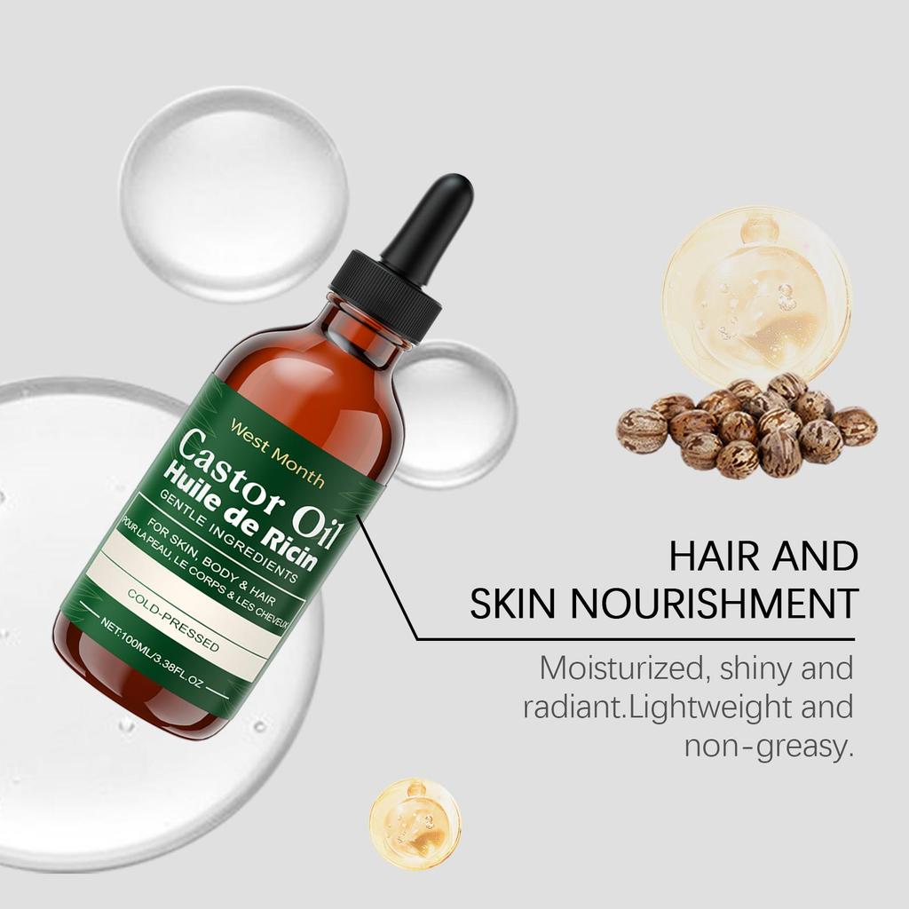 West Month Castor Oil Care Essential Oil Moisturizing & Nourishing Care for Eyelashes, Eyebrows, Hair, and Skin Suitable for Whole Body Use 100ml