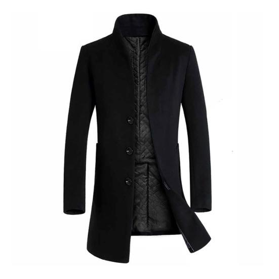 Men Winter Warm Solid Color Woolen Trench Coat Outwear Overcoat Long Jacket