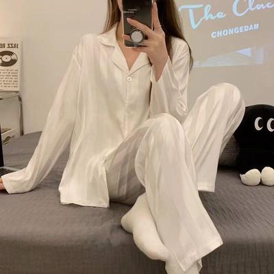 Frühling und Herbst Damen Ice Silk Pyjama Homewear Set Ins Koreanische Vertikale Streifen Einfache Pyjamas Lose Mädchen Homewear Set