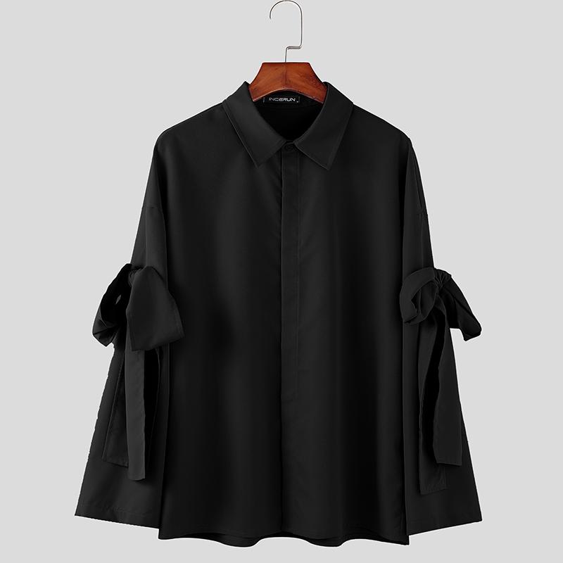 

INCERUN Мужские рубашки оверсайз с лацканами, длинными рукавами и бантом, повседневные топы с перевязкой S чёрный