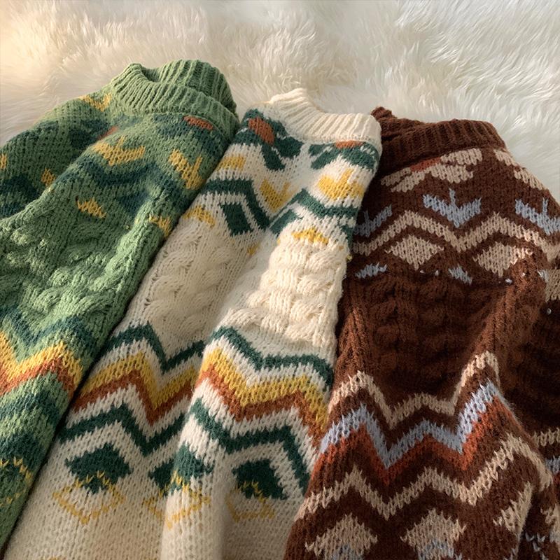 Autumn and Winter Women's Vintage Knitted Top Striped Sweater