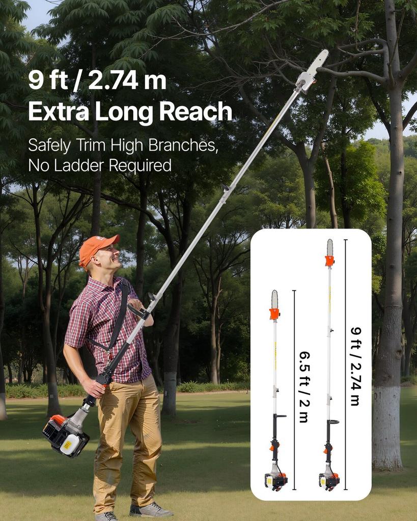 Gas Pole Saw, 25CC 2 Stroke Gas Powered Pole Saws with 20.3 cm Cutting Bar, Cordless Tree Trimmer with 650ml Fuel Tank, 2 to 2.74 m Extendable,
