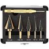 6-Piece Tapered Reamer Set with Titanium & Zinc Plating In Aluminum Box for Center Positioning, Drill, Iron, and Stainless Steel.