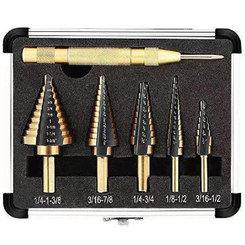 6-Piece Tapered Reamer Set with Titanium & Zinc Plating In Aluminum Box for Center Positioning, Drill, Iron, and Stainless Steel.