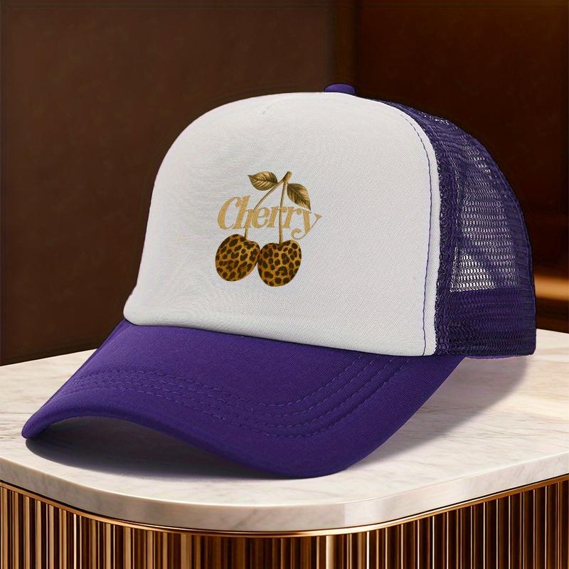 Leopard Cherry Print Trucker Hat Mesh Adjustable Baseball Cap Casual Summer Unisex