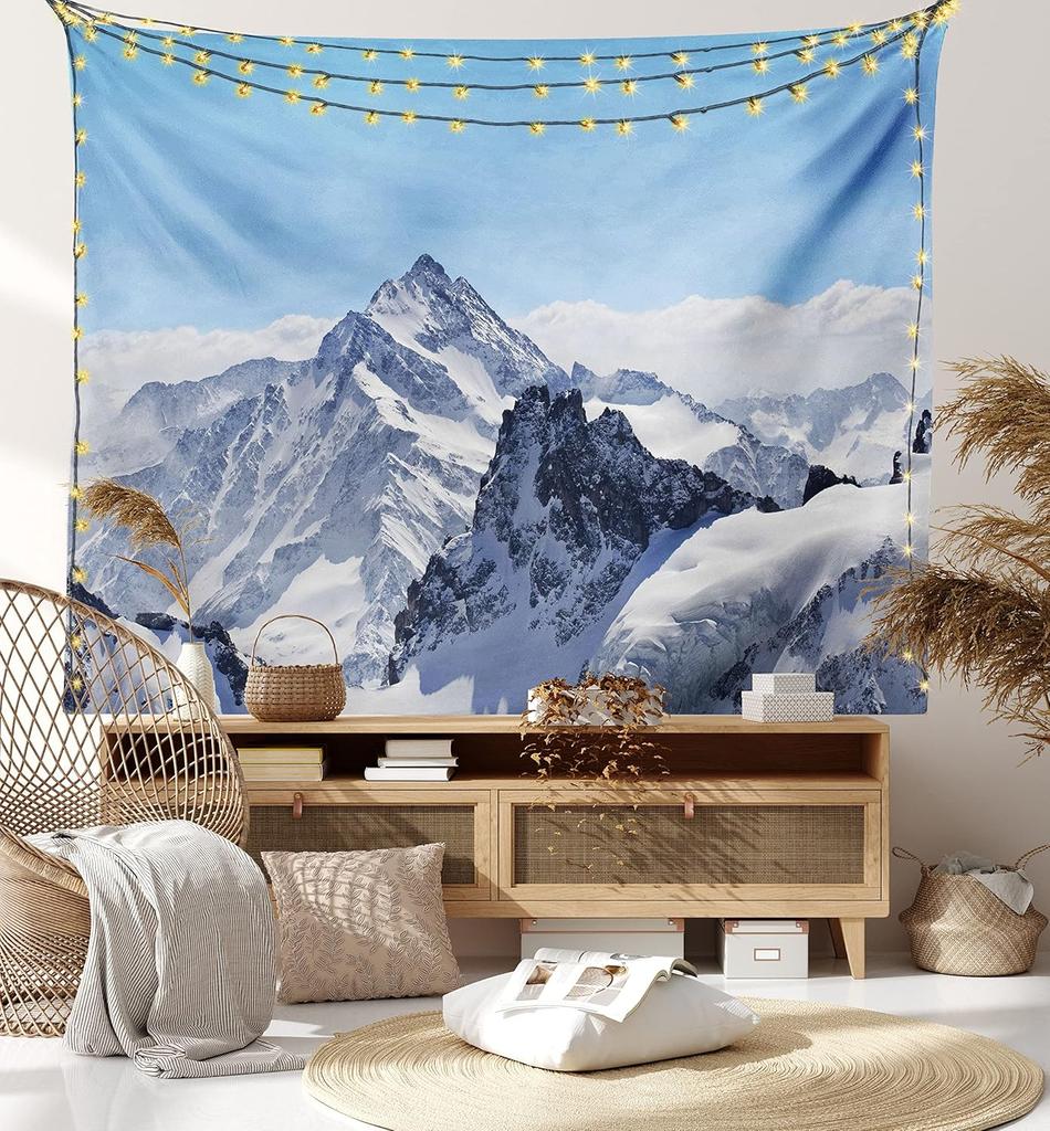 Snowy Mountain Landscape Tapestry Wall Hanging Aesthetic Boho Nature Decor Blue Alpine Scenery Artwork for Living Room Bedroom H