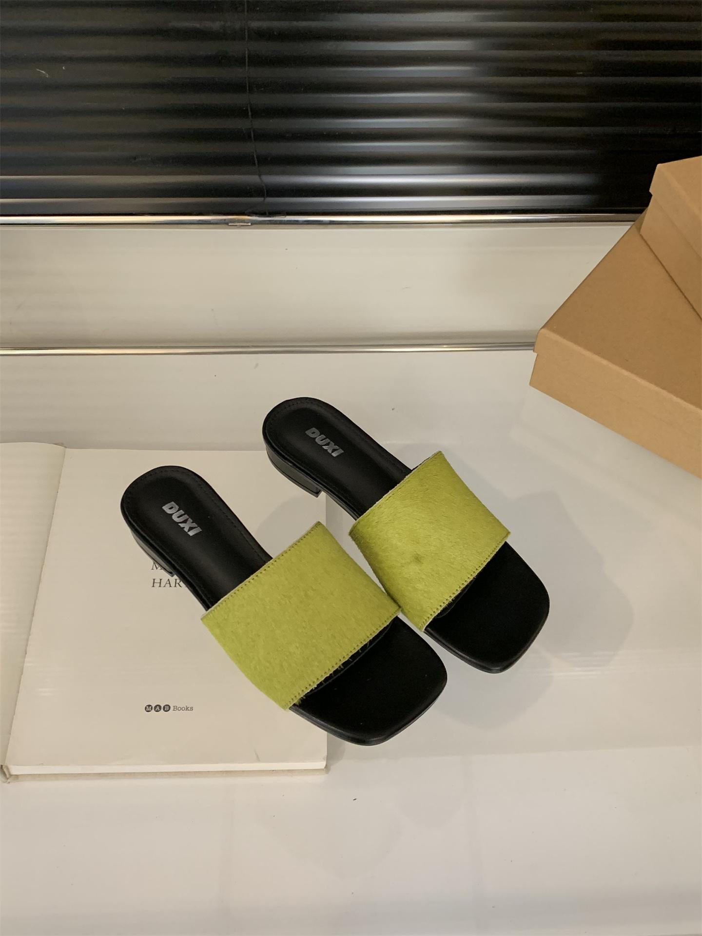 

Fashion Summer New Leopard Pattern Open Toe Real Leather Fur Women Horsehair Half Slippers Crossover Luxury Designer Brand Flat Slippers 39 зелёный