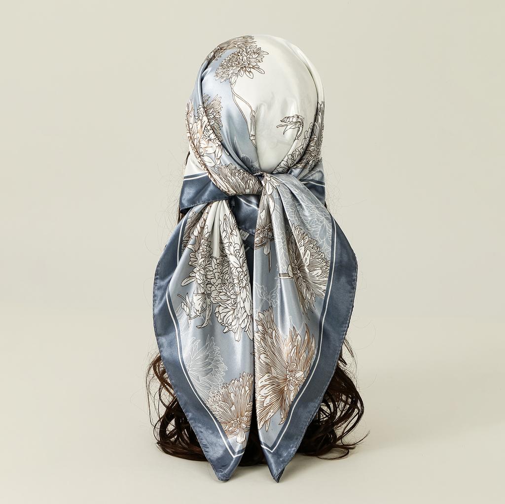 90*90cm Elegant Floral Printed Square Scarf Hijab Women Luxury Stain Silk Hair Wraps Muslim Fashion Foulard Shawl Neckerchief