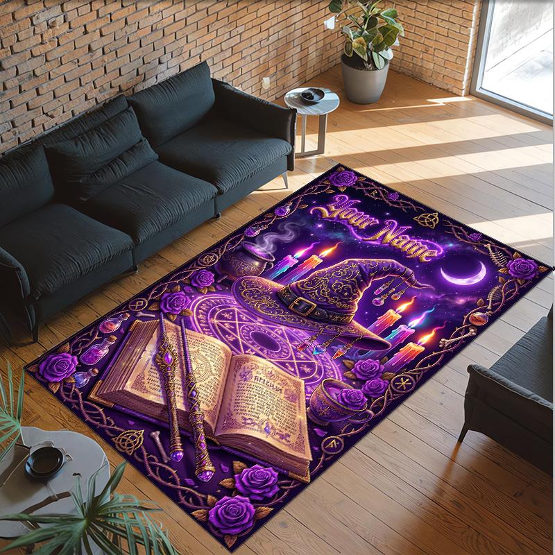 Witchcraft Theme Crystal Velvet Rug Personalized Custom Name Text Soft Floor Mat Home Decor