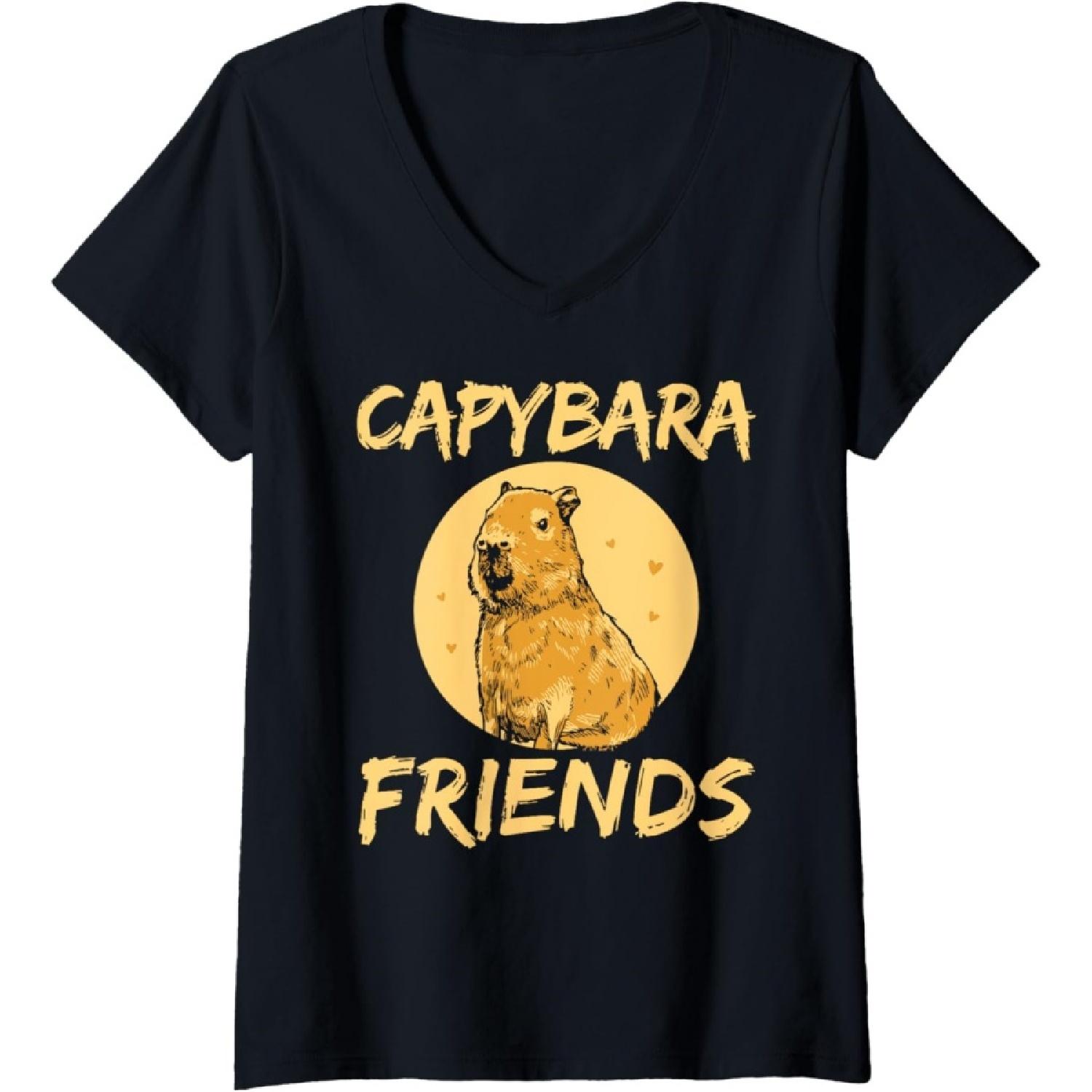 Womens Capybara Friends Capybaras Rodent Lover Animal V-Neck T-Shirt S