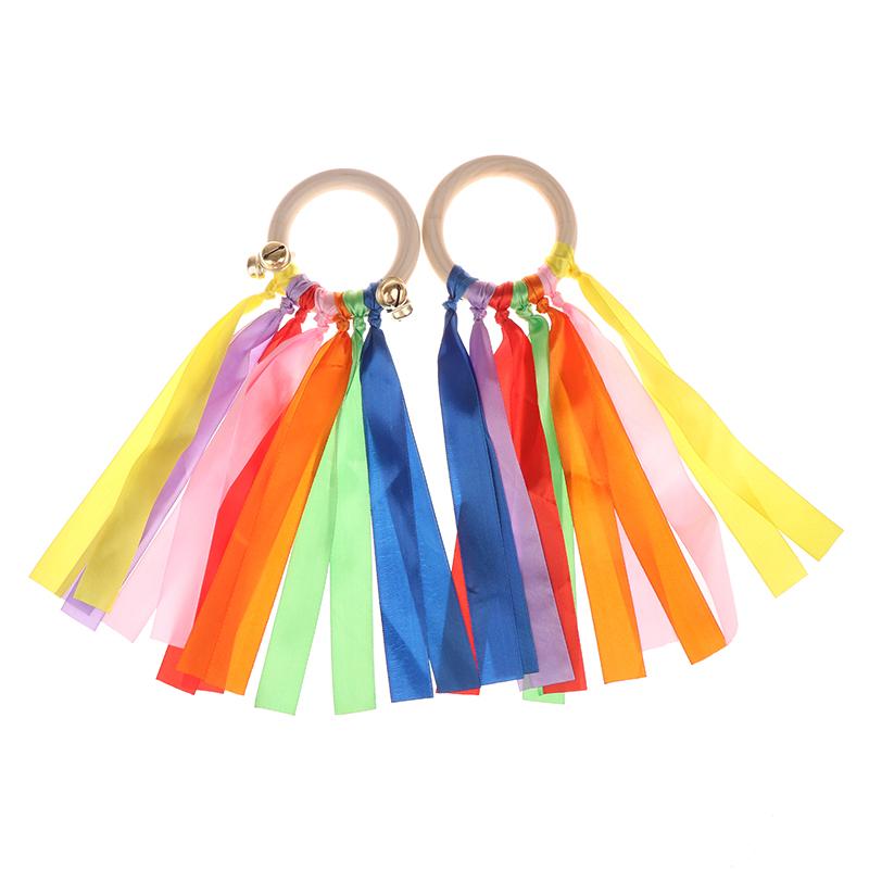 Colorful Ribbon Dance Props Rainbow Silk Wooden Ring Bells Hand-Shaken Bells For Kindergartens