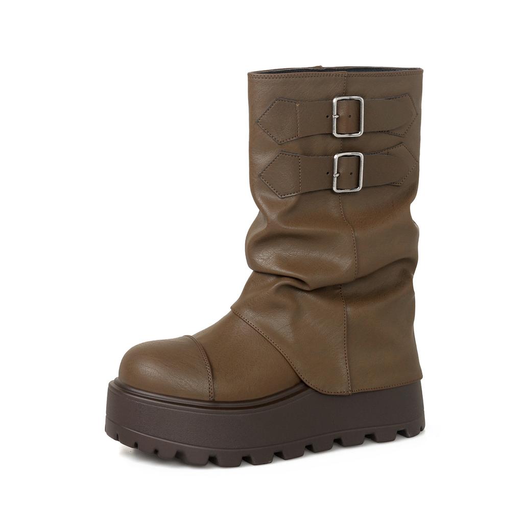 Buty podwyższające Spice Girls Styl Pustynny Krótkie Kozaki Wiosna i Jesień Nowe Buty z Szeroką Cholewką Damskie Kozaki w Kolorze Maillard