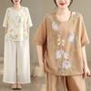 Women's Retro Embroidered Silk & Linen Two-Piece Set: Loose Round Neck Shirt & Elastic Waist Wide-Leg Pants