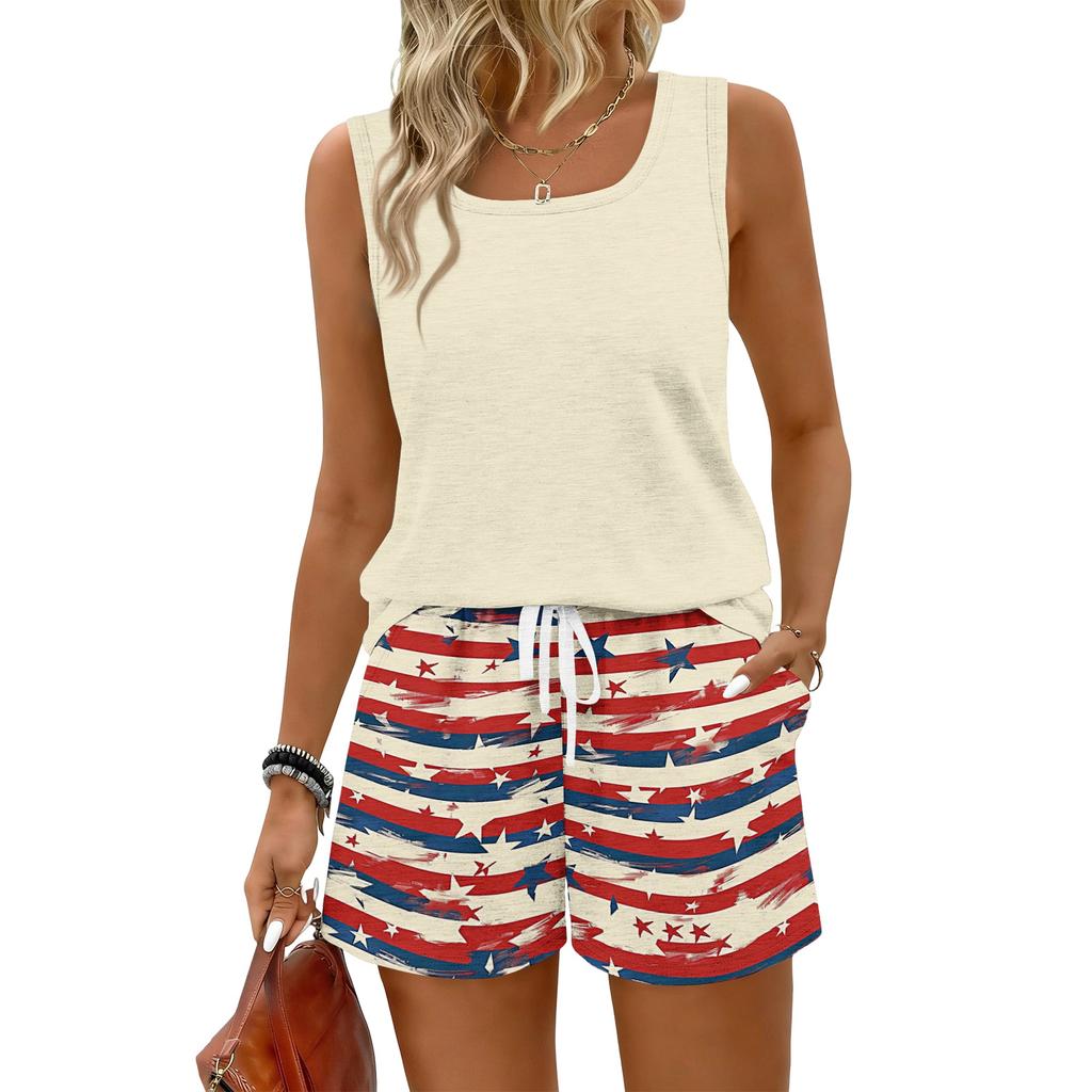 Women Summer Casual Two Piece Set Sleeveless Tank Top with Square Neck and Drawstring Waist Shorts with Pockets Lightweight Lounge Outfit