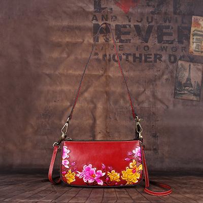 Sacs à bandoulière en cuir véritable avec motif de fleurs pour femmes, sac à main à fermeture éclair tendance GZW