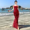 Red engagement dress high-end light luxury niche heavy industry lace sexy fishbone waist tube top dress birthday dress