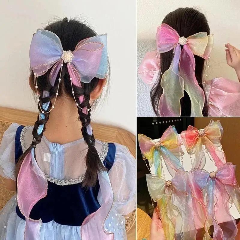 1 Stück Neue Süße Haarspangen für Kinder für Mädchen Mode Haaraccessoires Mädchen Niedliche Perle Bunte Chiffon Schleife Band Haarnadeln