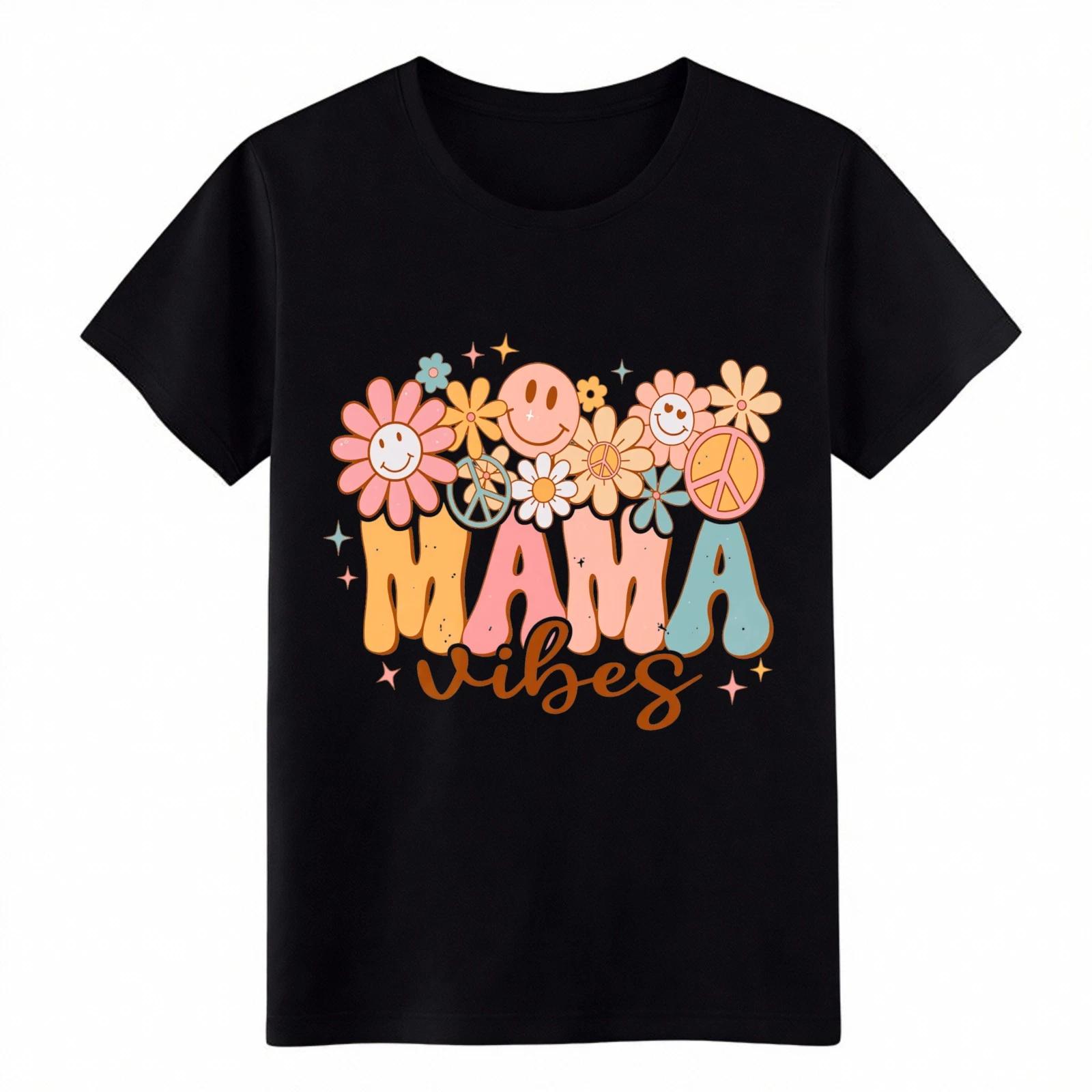 Vintage Cotton Print Graphic T-Shirt  Mama Vibes  Floral Smiley Face Gift Top 2XL