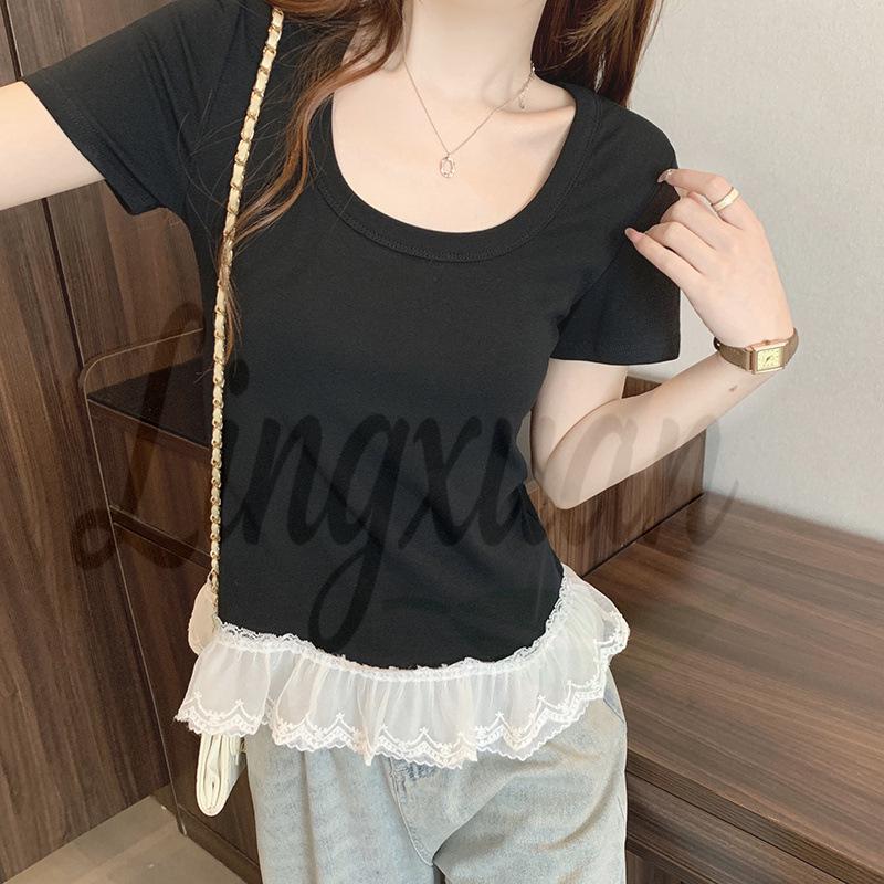 

2026 Summer Plus Size Women s Chic U-Neck Lace Trim T-Shirt L
