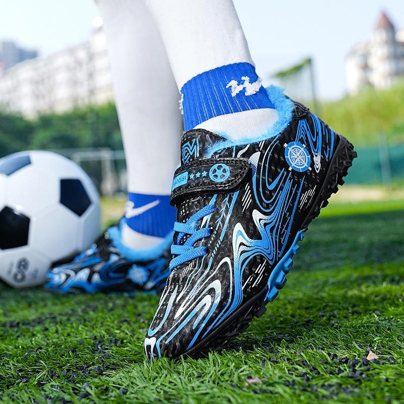 Kids' Fleece-Lined Soccer Shoes Non-slip Turf Sole Strap Breathable Printed Football Boots