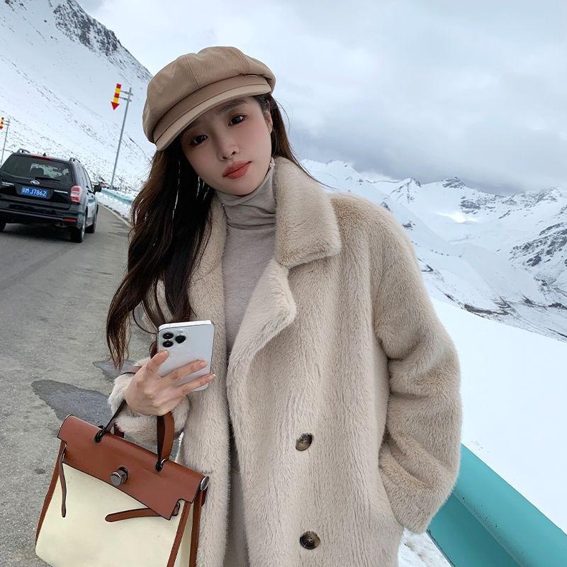 Winter Warm Thick Faux Fur Coat Women Long Trench Jacket Faux Mink Fur Collar Eco Friendly Outerwear