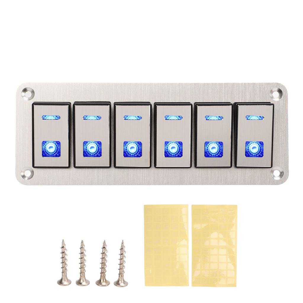 6 Gang Rocker Switch Panel 12V 24V Blue LED Waterproof SPST On Off Pre Wired Switch for Car Boat