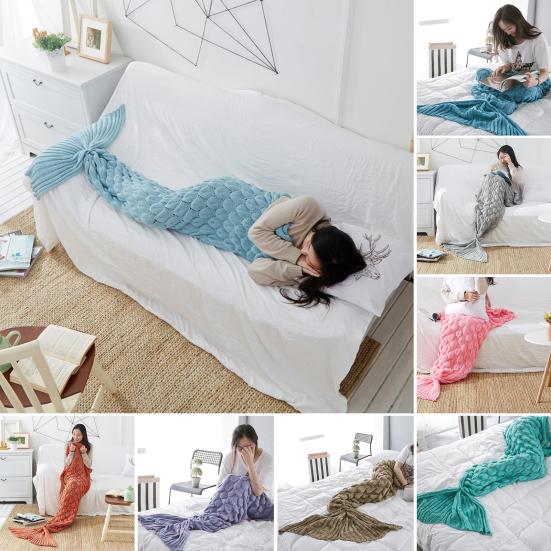 Mermaid Tail Blanket Knitted Scale Texture Elastic Thick Keep Warm Sleeping Bag for All Seasons Winter Blanket for Sofa Camping Bed Car Use
